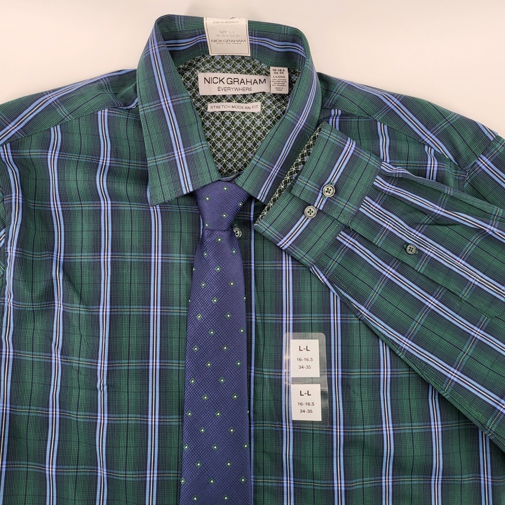Nick Graham Men's Green Plaid Long Sleeve Button Down Shirt & Tie Set size Large